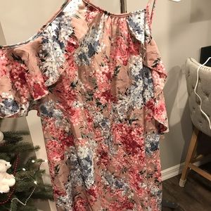 Pink floral ruffle cold shoulder dress